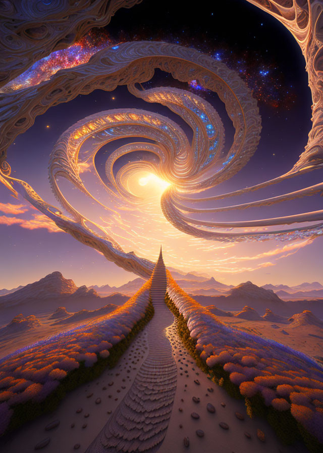 Surreal landscape with spiral sky, pathway, sun, desert dunes, orange flowers, star