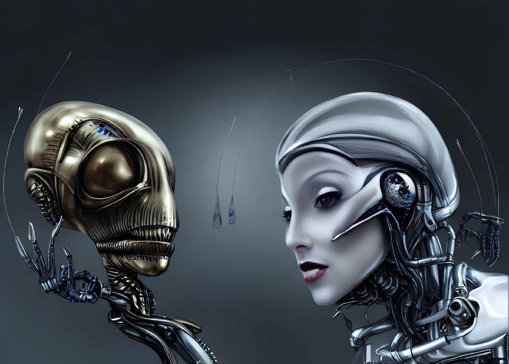 Detailed Digital Art: Gold and Silver Robotic Heads Facing Each Other