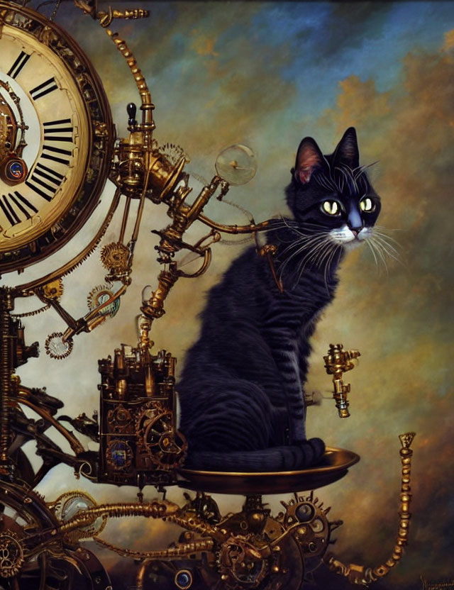 Black and white cat on steampunk-inspired structure with gears and clock in cloudy sky