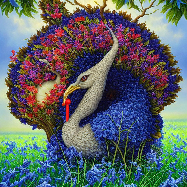Colorful peacock with floral plumage on green field and blue sky