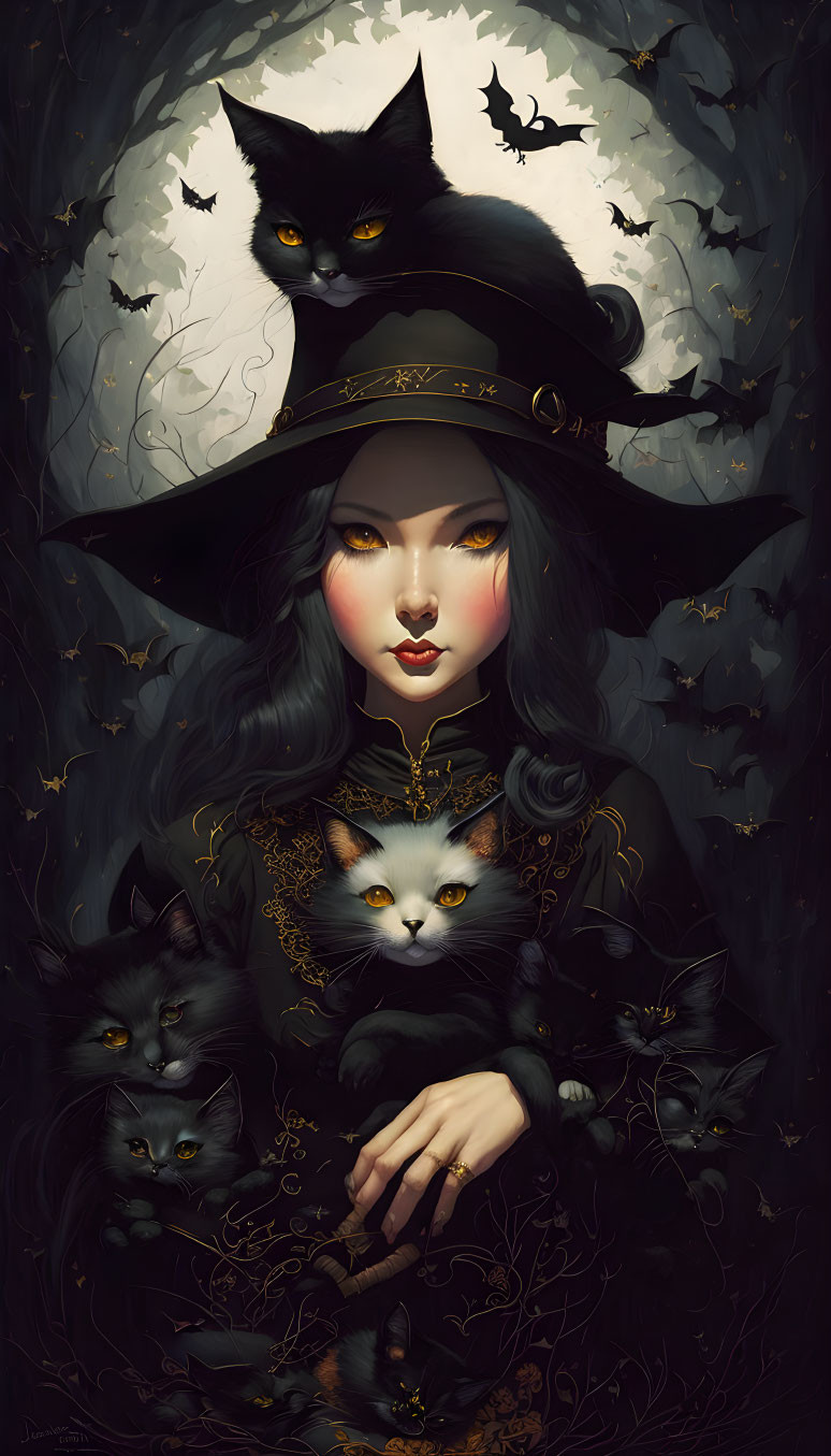 A Witch with Cats & Bats!!!!