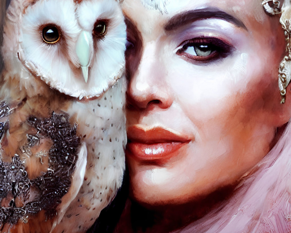 Surreal portrait of woman with owl wearing silver jewelry