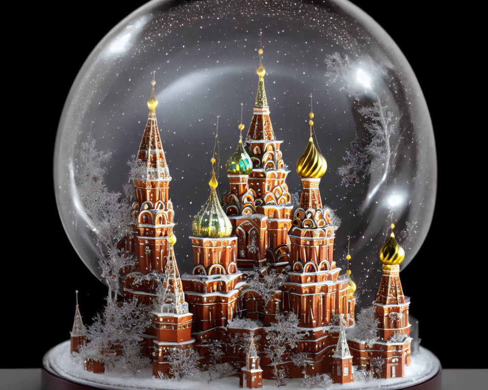 Snow globe with Moscow's Saint Basil's Cathedral model and falling snowflakes