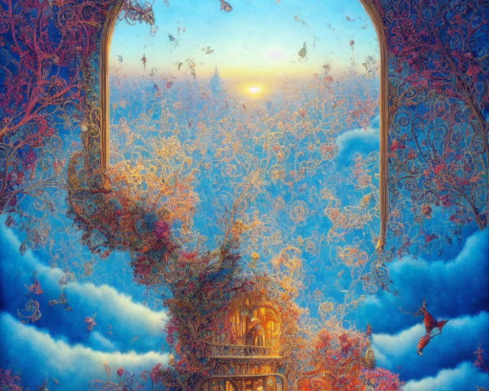 Golden Archway Frames Surreal Blue Landscape with Trees and Sun