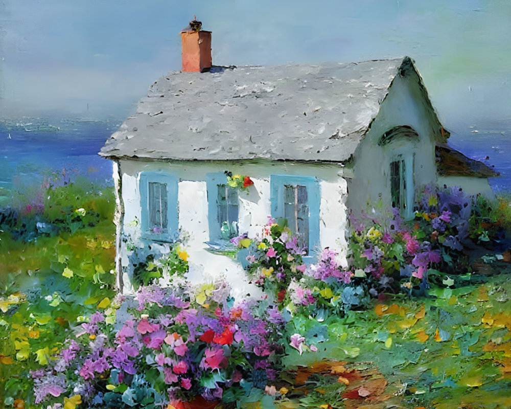White Cottage with Red Chimney Surrounded by Wildflowers in Vibrant Painting