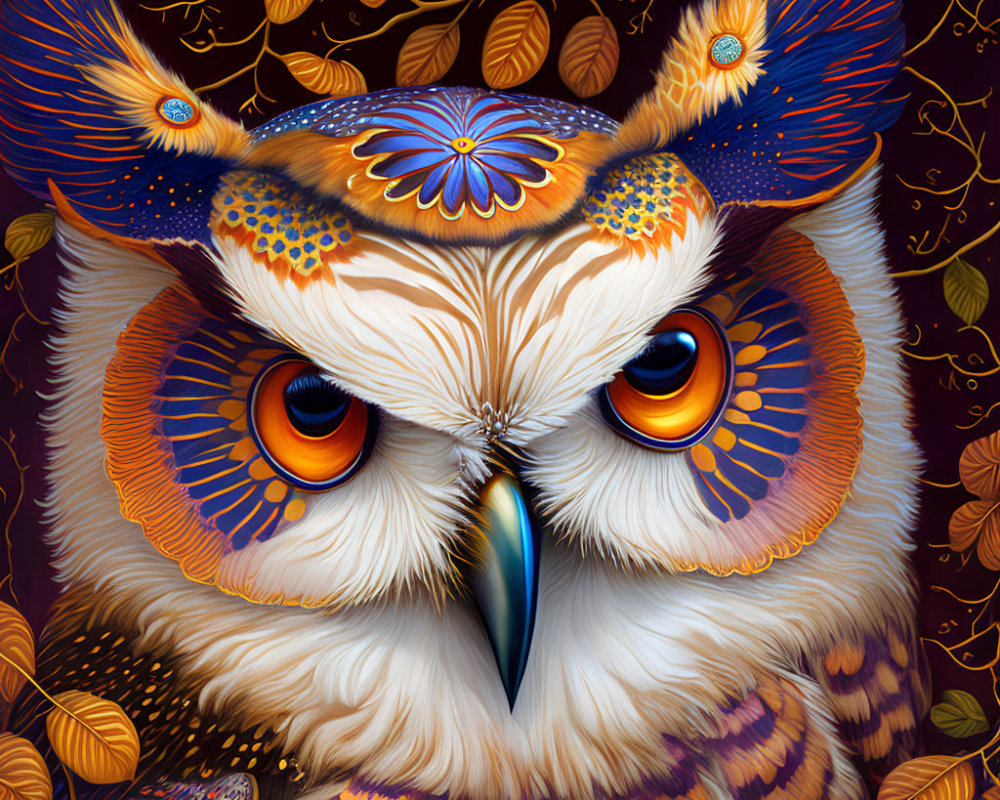Vibrant Owl Illustration with Autumn Leaves and Intricate Patterns