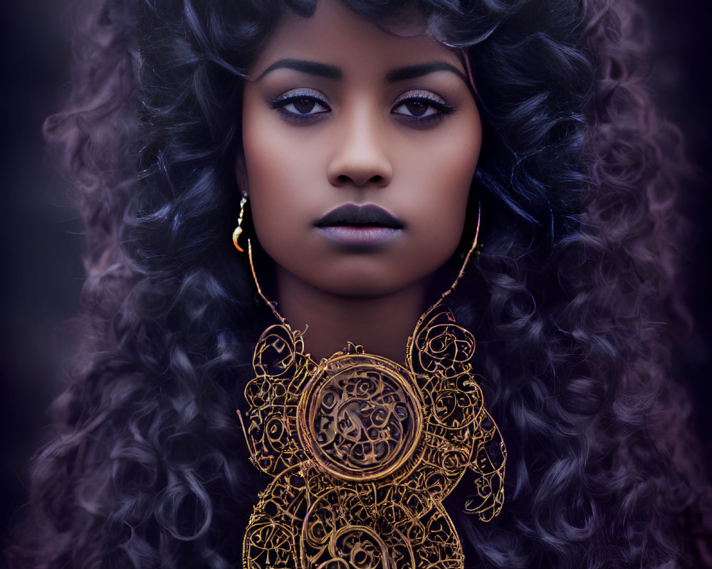 Curly black hair woman with bold makeup and golden earrings