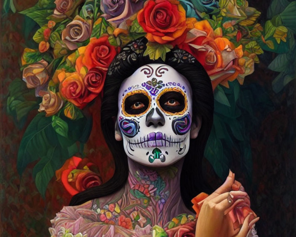Vivid sugar skull makeup and rose headpiece portrait pose.