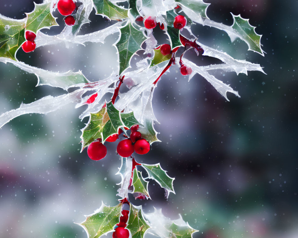 Festive winter scene: Icy holly branches and red berries in snow.