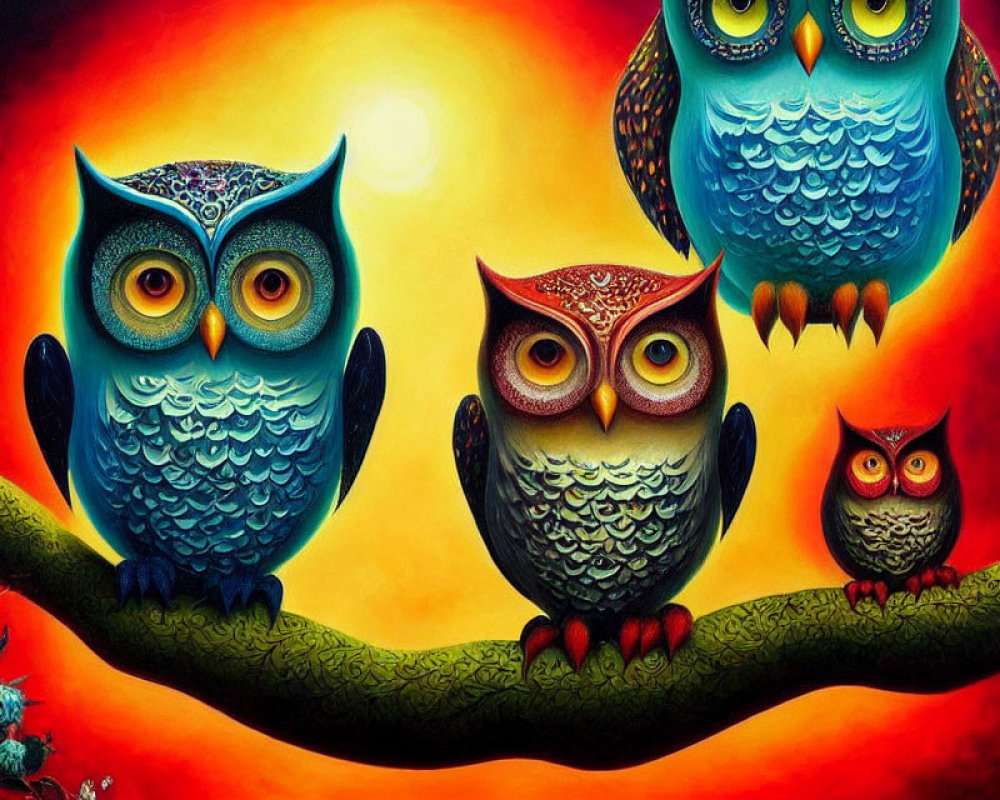 Colorful Stylized Owls Perched on Branch Against Vibrant Background