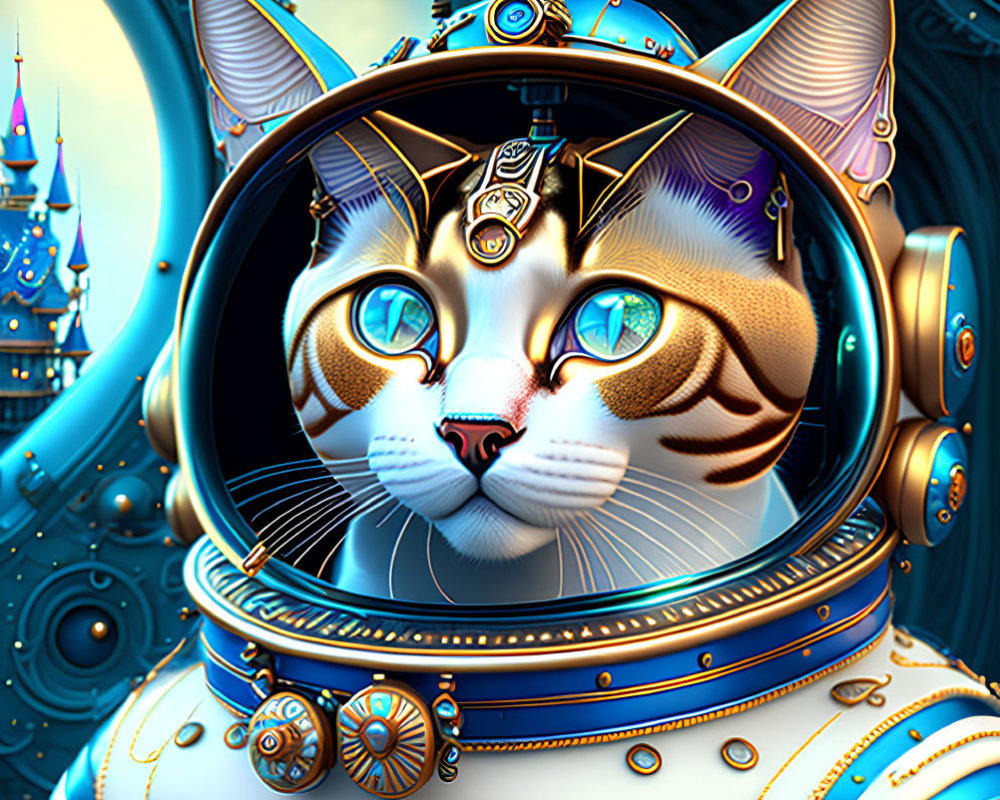 Detailed Illustration: Cat with Blue Eyes in Steampunk Astronaut Helmet