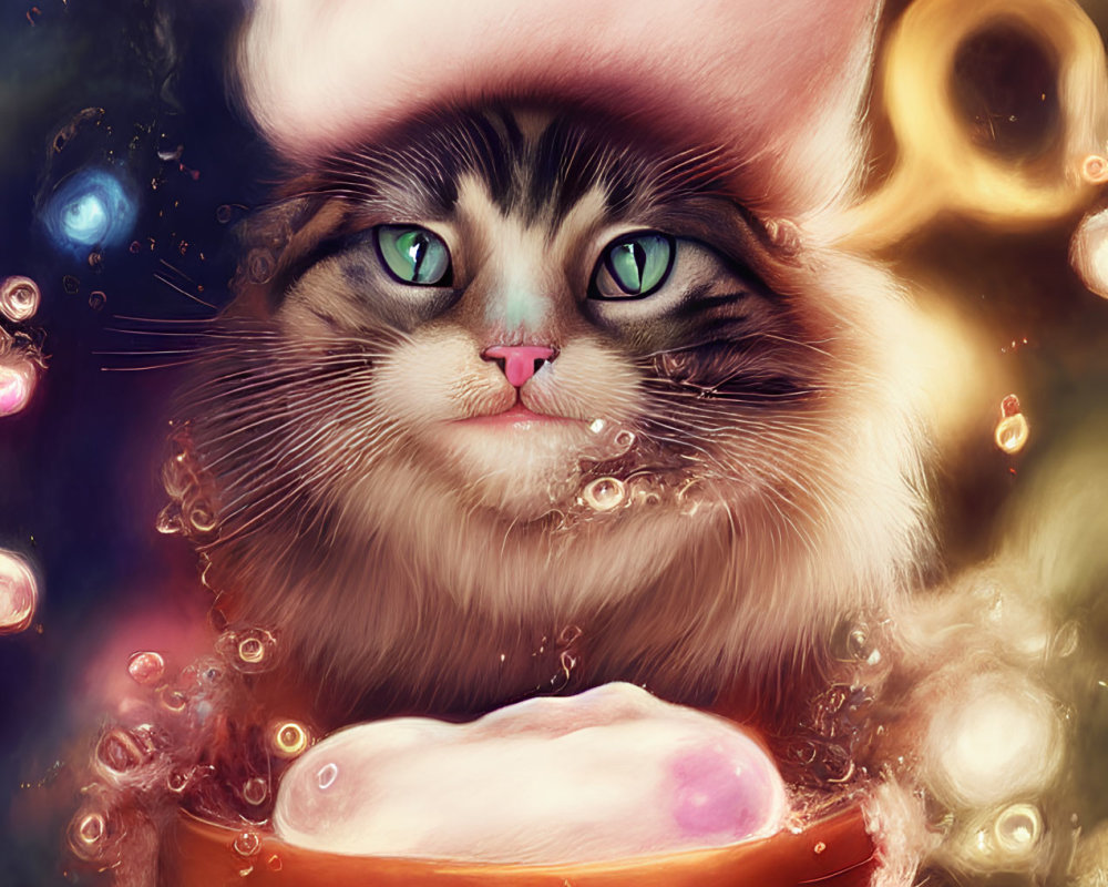 Whimsical digital painting of fluffy cat in Santa hat submerged in bubbly beverage