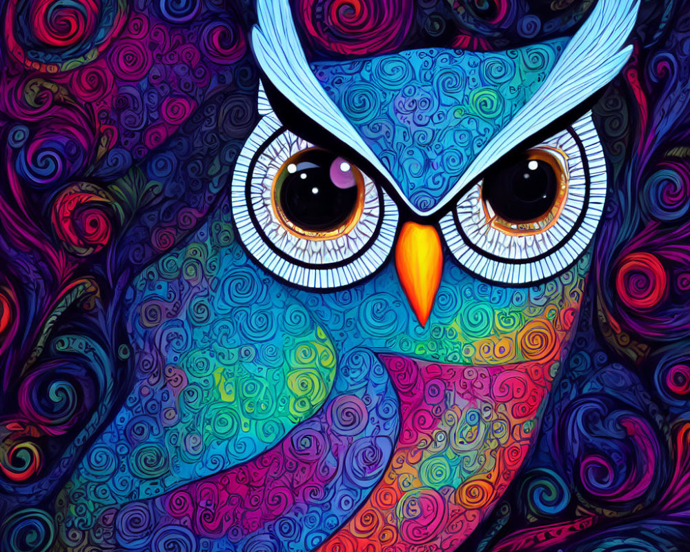 Colorful Stylized Owl Illustration with Swirling Designs and Intense Gaze