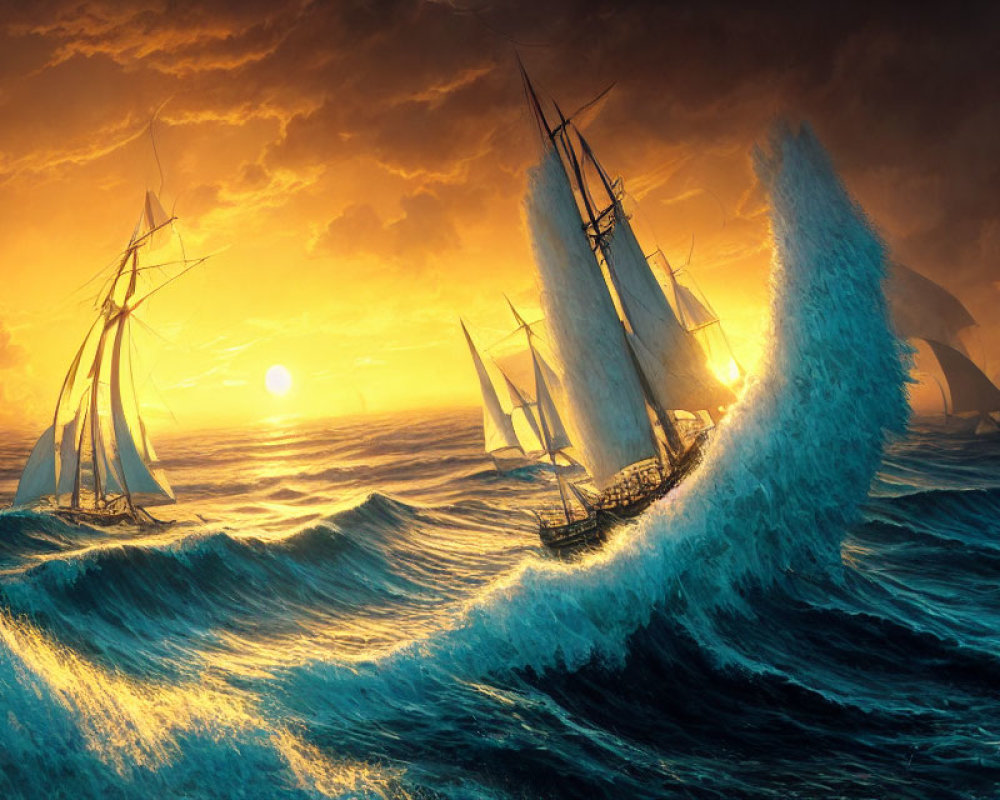 Sailing ships in dramatic sunset ocean scene