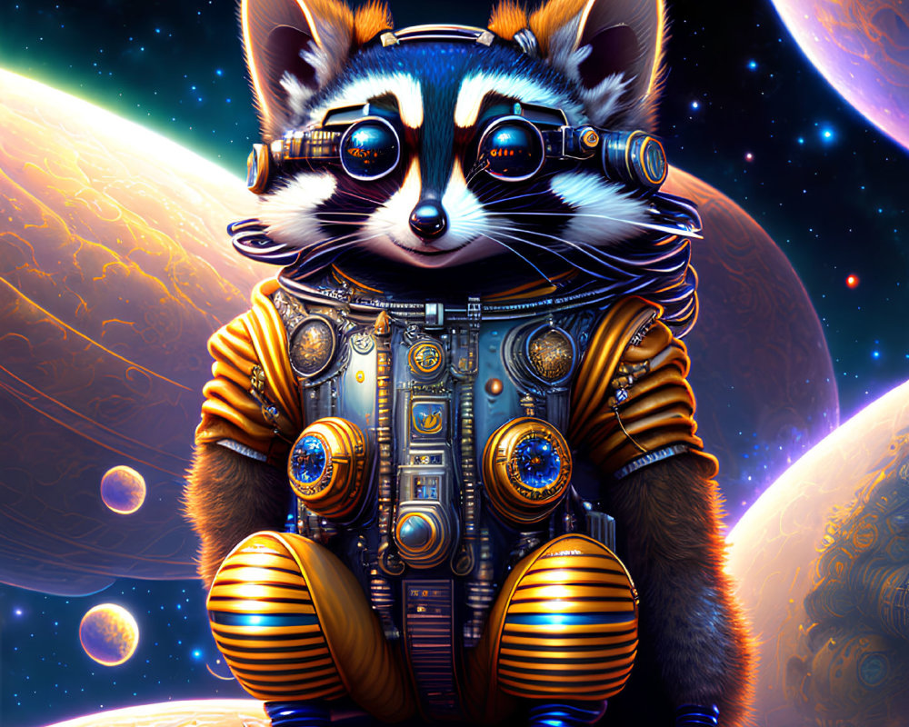 Illustrated futuristic raccoon astronaut in cosmic setting