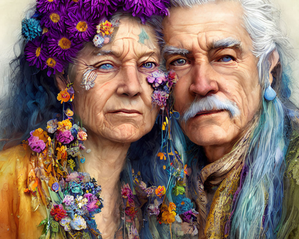 Elderly couple with colorful flowers in hair sharing affectionate moment