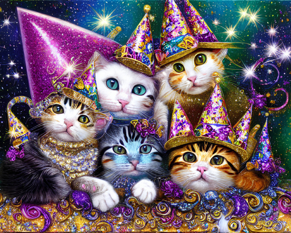 Five Cats in Sparkling Wizard Hats Surrounded by Magical Glitters