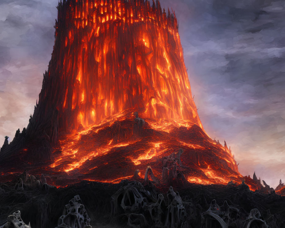 Volcano eruption spewing lava in moonlit desolate landscape
