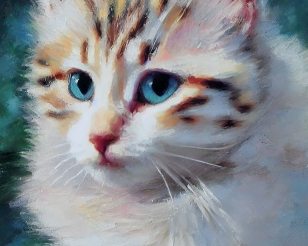 Fluffy kitten with blue eyes and brown-striped fur on blue and white background