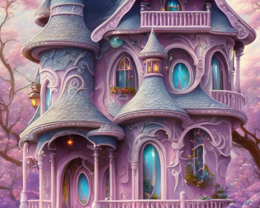 Violet fairytale castle with pink blooming trees and ornate details