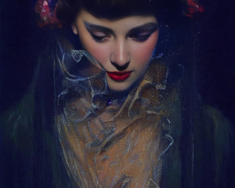 Vintage Portrait of Woman with Flower Adornments and Dark Tones