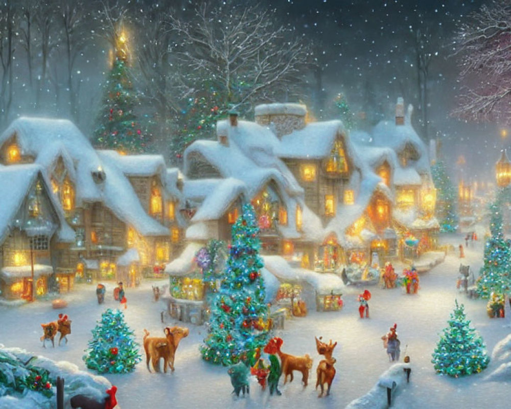 Snowy Winter Village with Christmas Lights and Cozy Houses