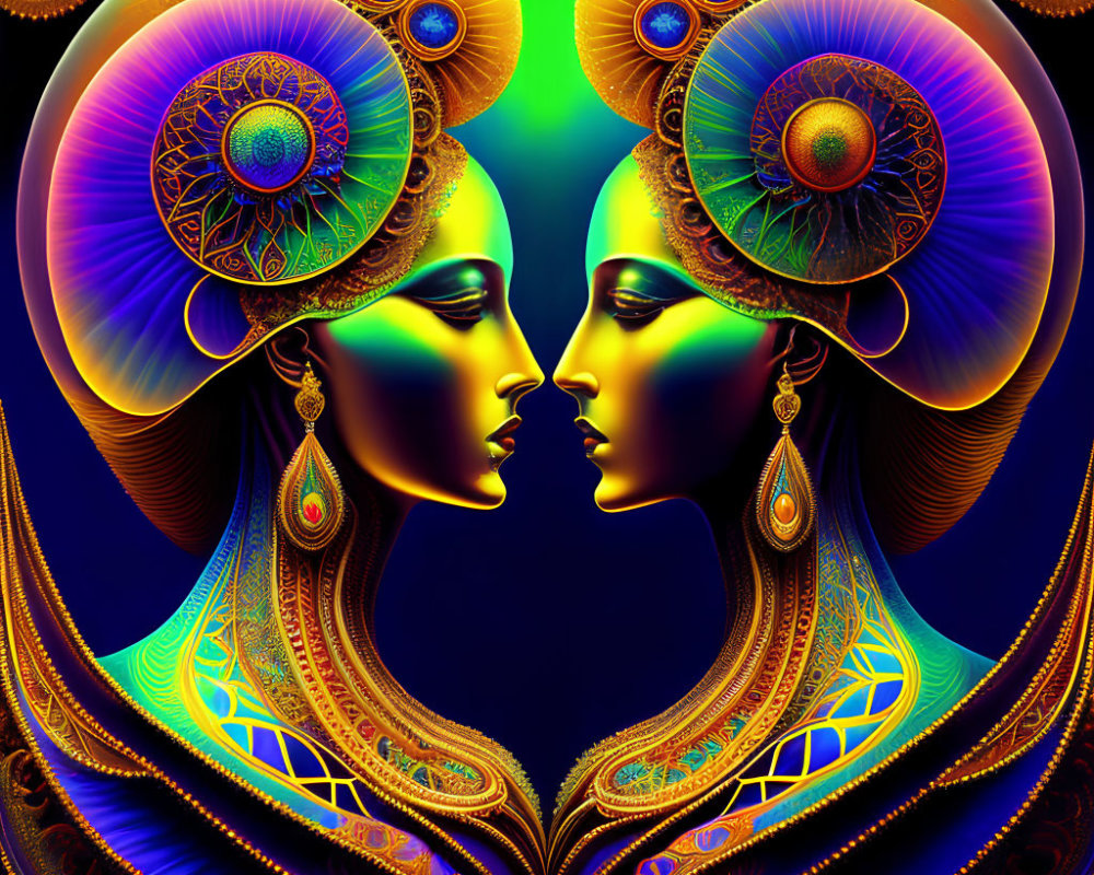 Colorful digital artwork: Symmetrical female profiles with intricate headdresses and earrings.