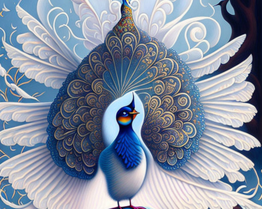 Colorful Peacock Illustration with Sun, Birds, and Floral Patterns