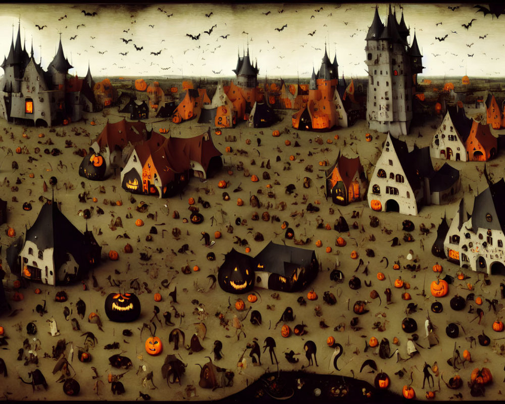 Spooky Halloween-themed village with pumpkin figures and bats