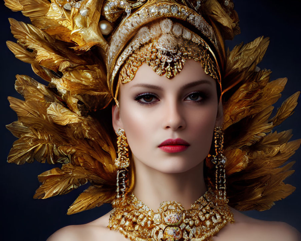 Elaborate golden headdress and jewelry on stern woman portrait