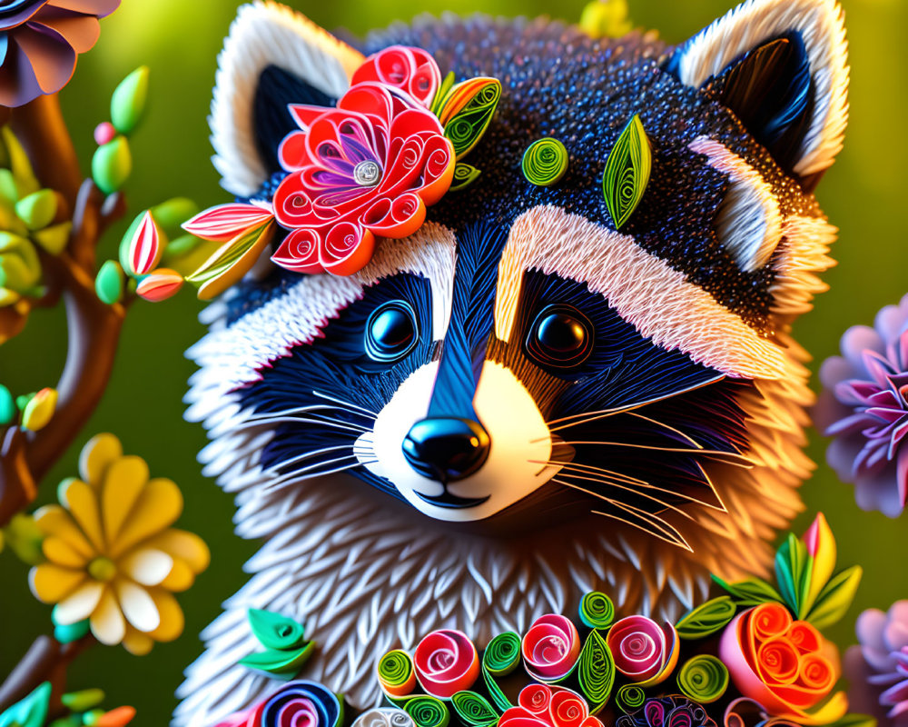Colorful Racoon Illustration with Quilled Flowers and Bokeh Background