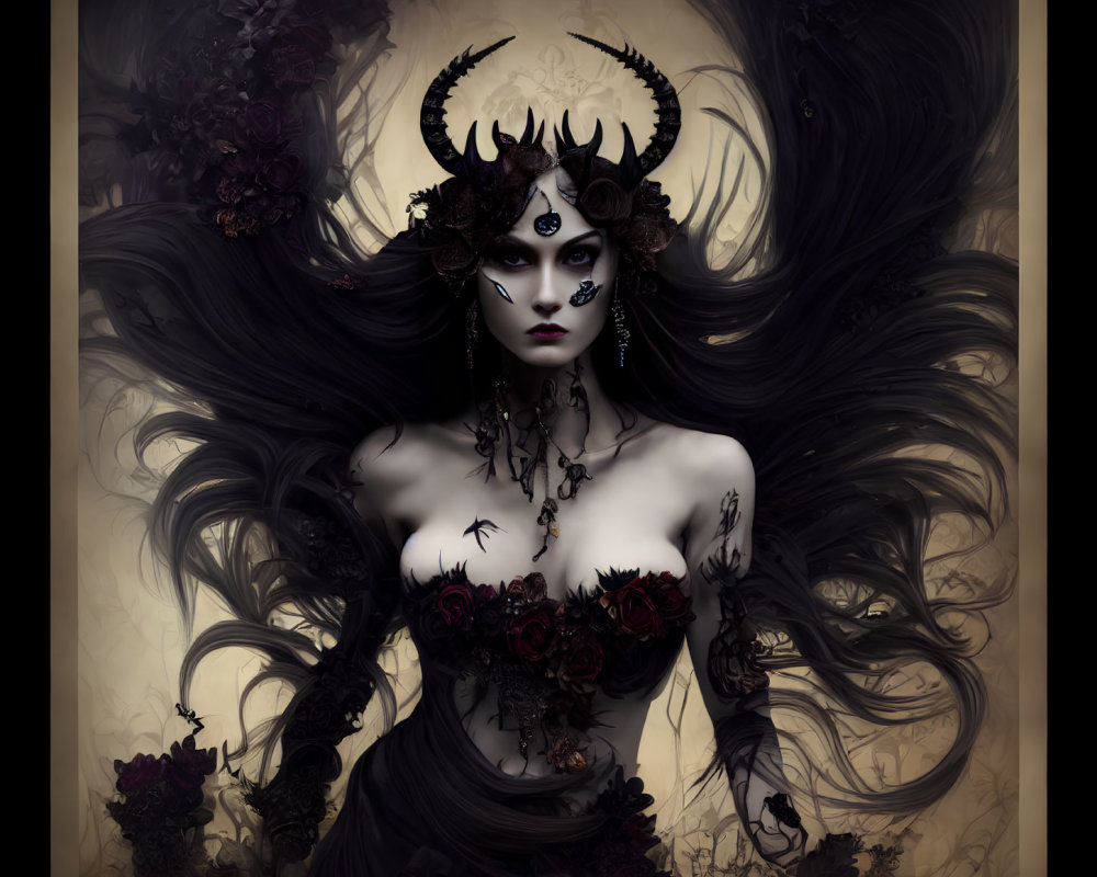 Dark-haired woman in horned headdress with roses in gothic fantasy art