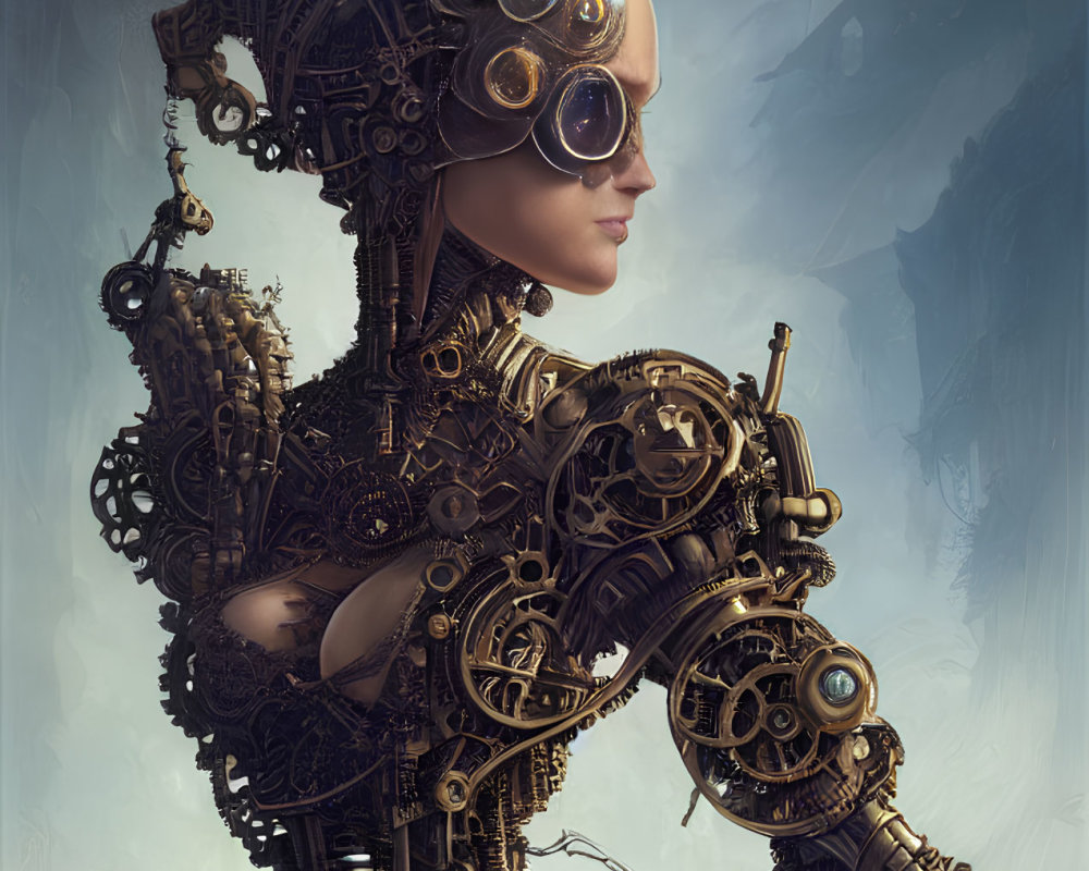 Steampunk female automaton with gears and goggles in metallic bodice