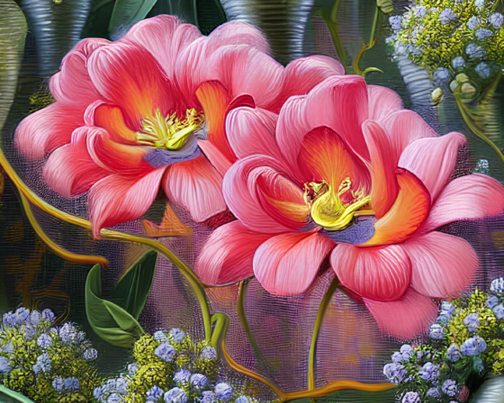 Colorful digital artwork of pink flowers with yellow stamens and green foliage on textured backdrop