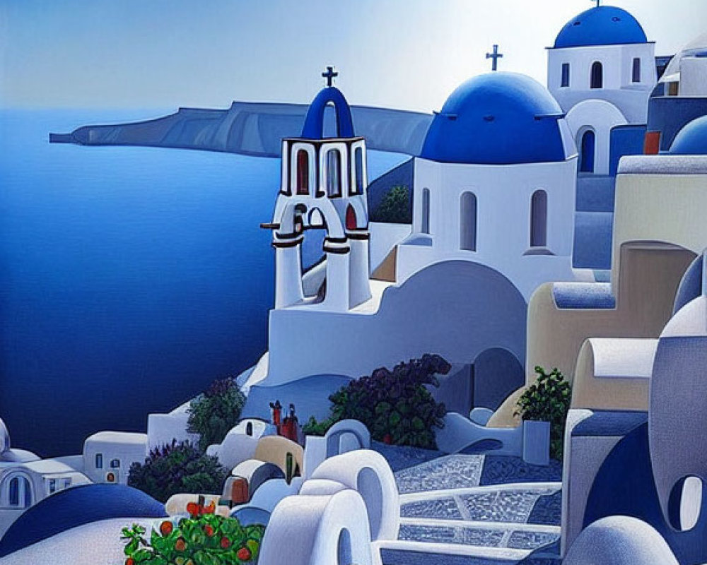 Santorini Painting: Blue Domes, White Buildings, Cobalt Sea