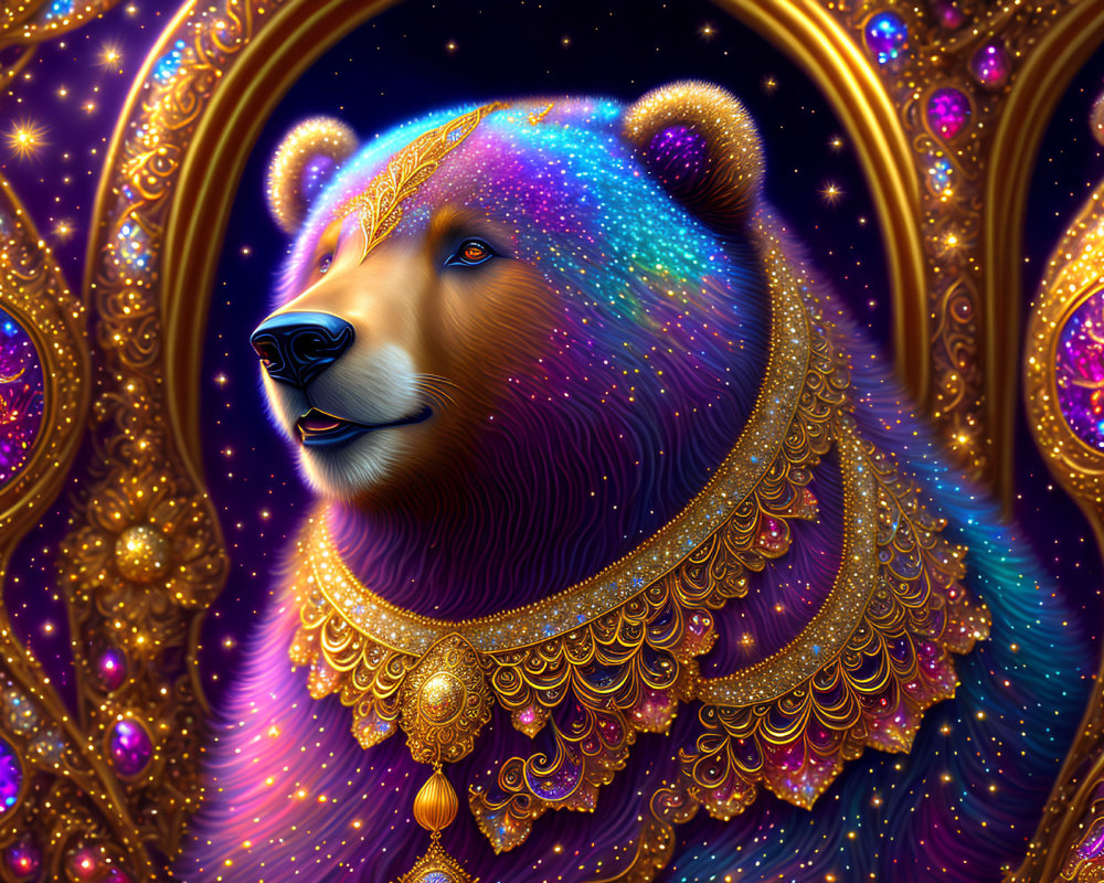 Colorful Cosmic Bear in Regal Jewelry Against Mystical Background