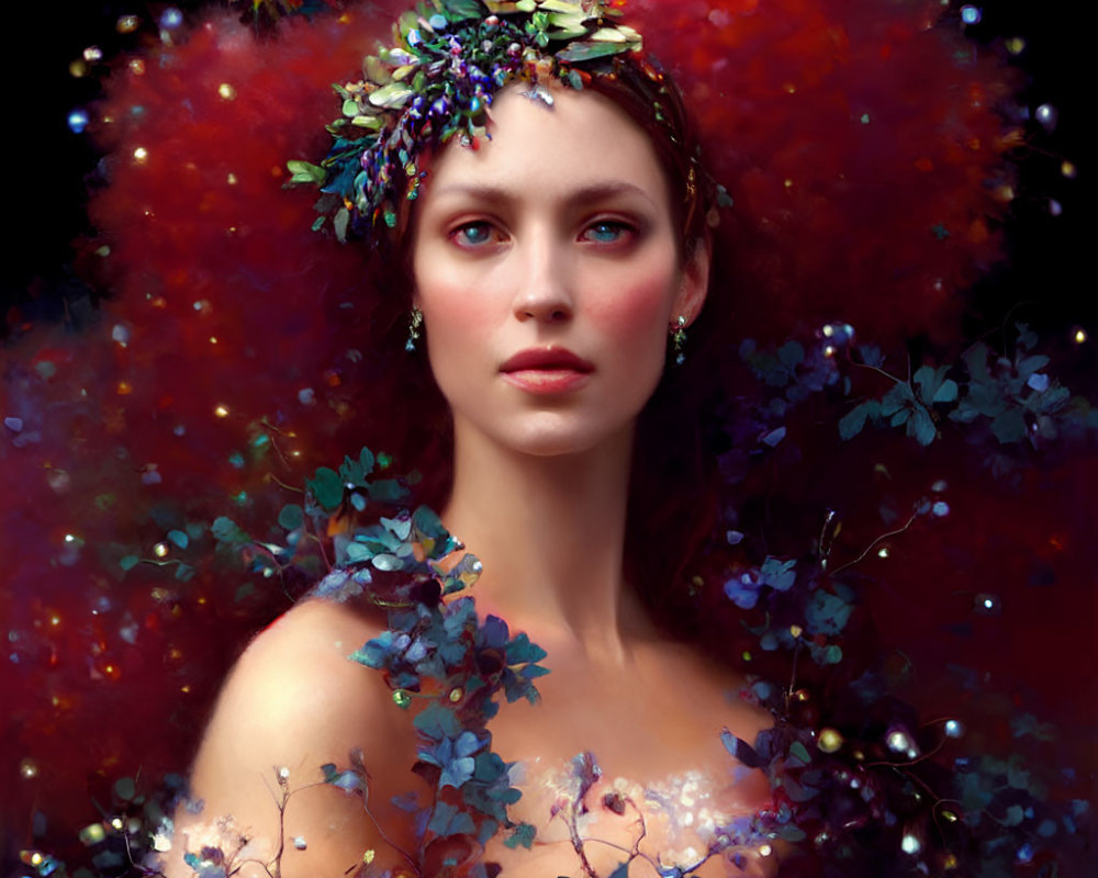 Woman with Floral Headpiece Surrounded by Autumnal Leaves and Flowers