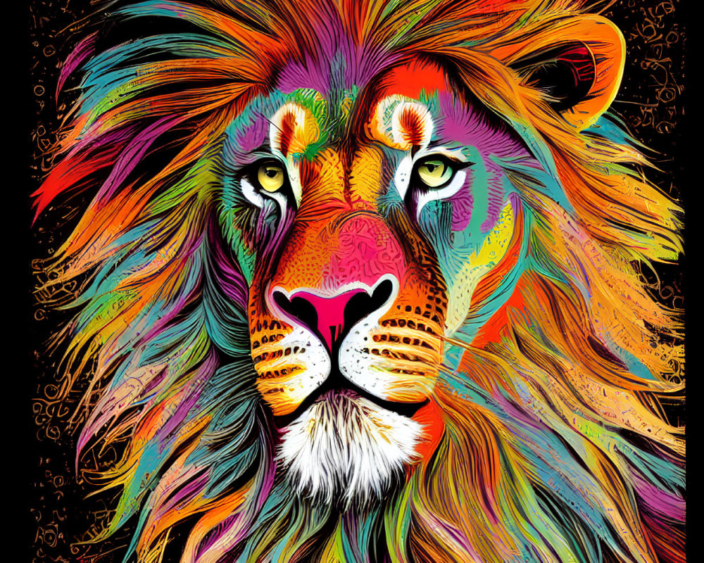 Colorful Lion Head Illustration on Dark Background