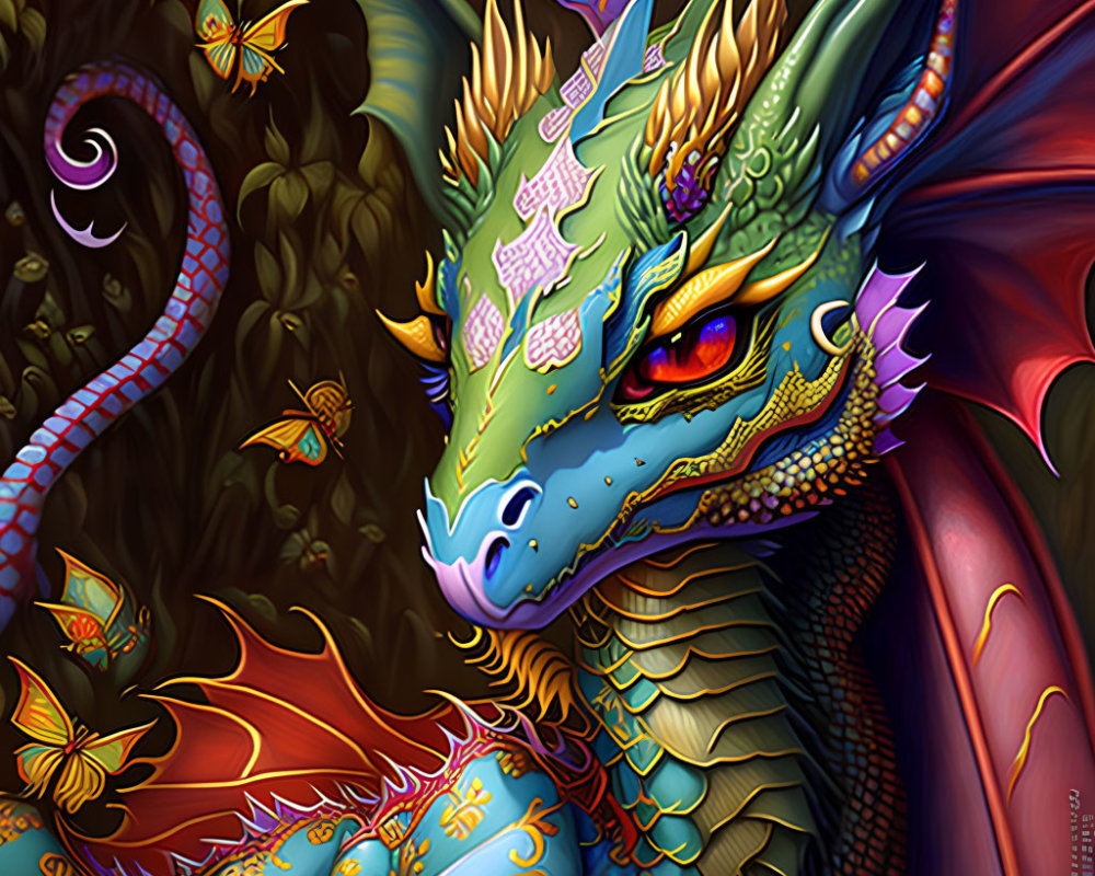 Vibrant dragon artwork with detailed scales and butterflies on dark floral backdrop
