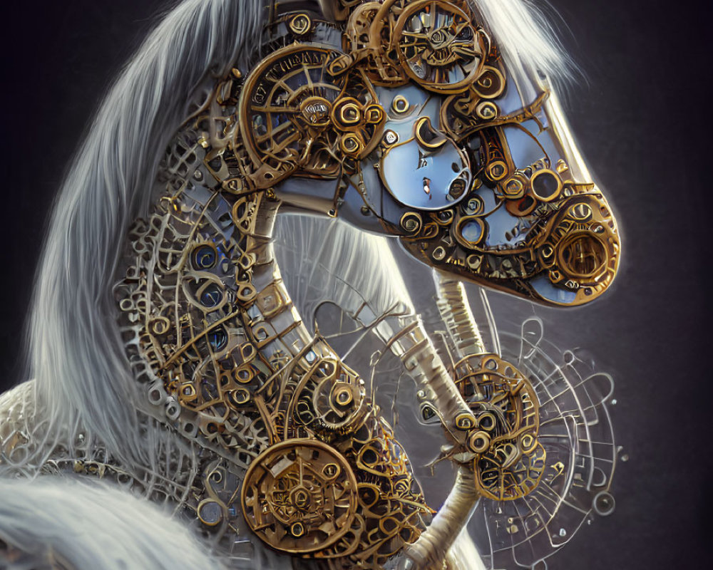 Intricate steampunk horse with clockwork head and dark background