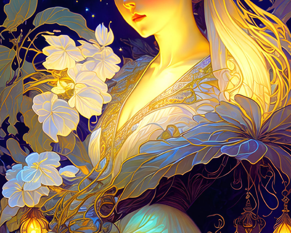 Ethereal woman with floral crown in luminous flower setting