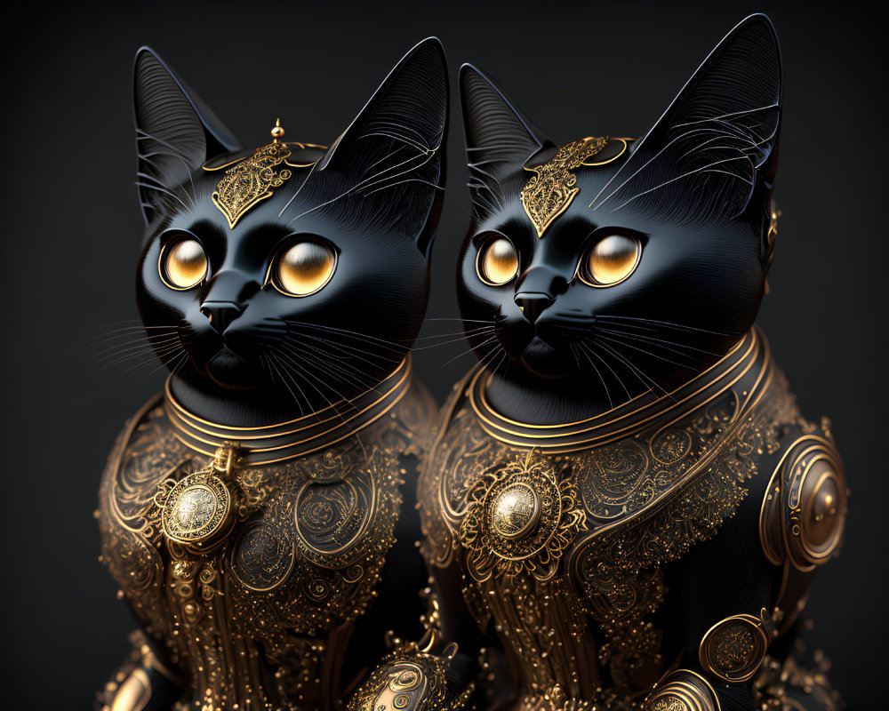 Intricately designed black cats with golden accents and jewelry on dark background