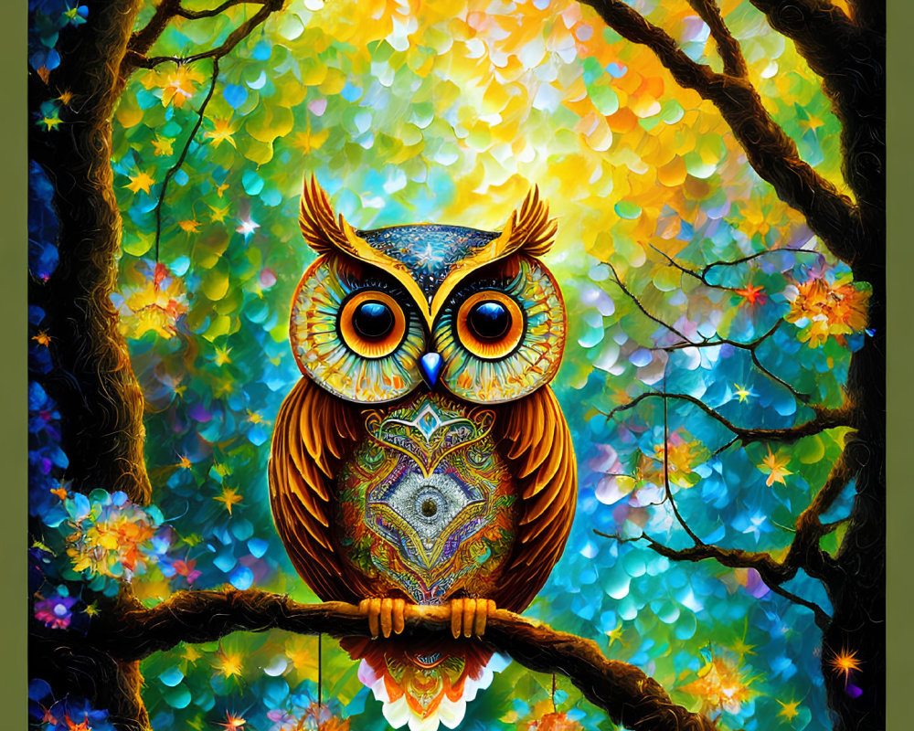 Colorful Stylized Owl Perched on Branch with Vibrant Plumage