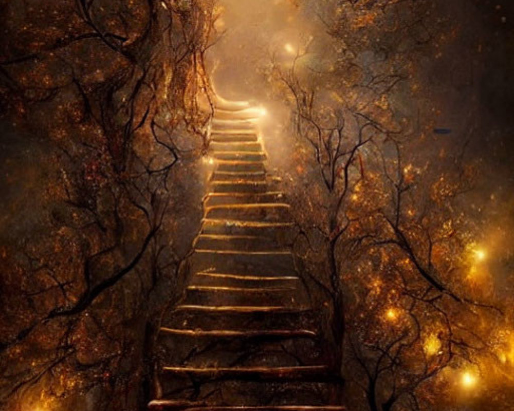 Ethereal staircase in luminous portal among golden-leaved trees