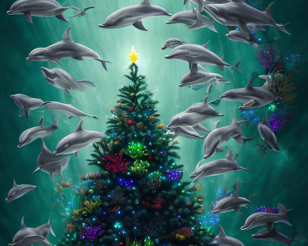 Colorful Christmas tree surrounded by dolphins in underwater scene