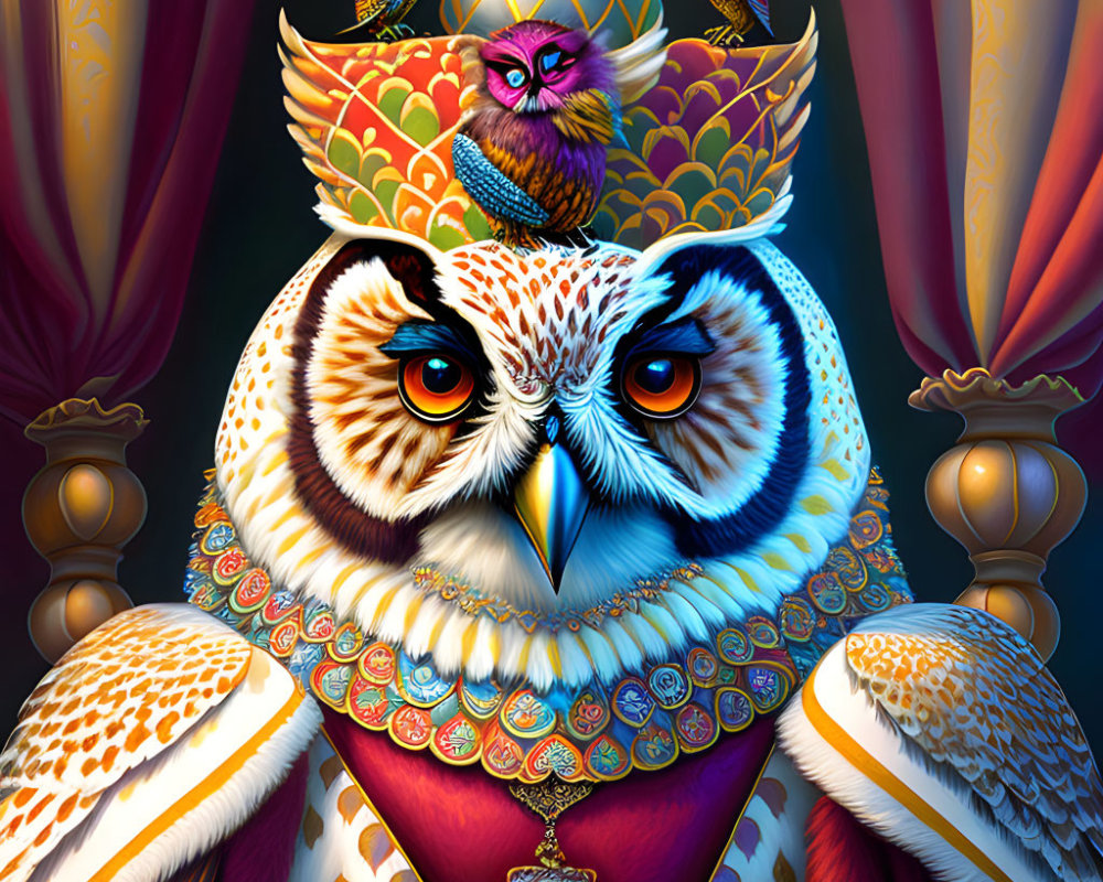 Colorful Owl Illustration in Regal Attire with Pillars & Intricate Patterns