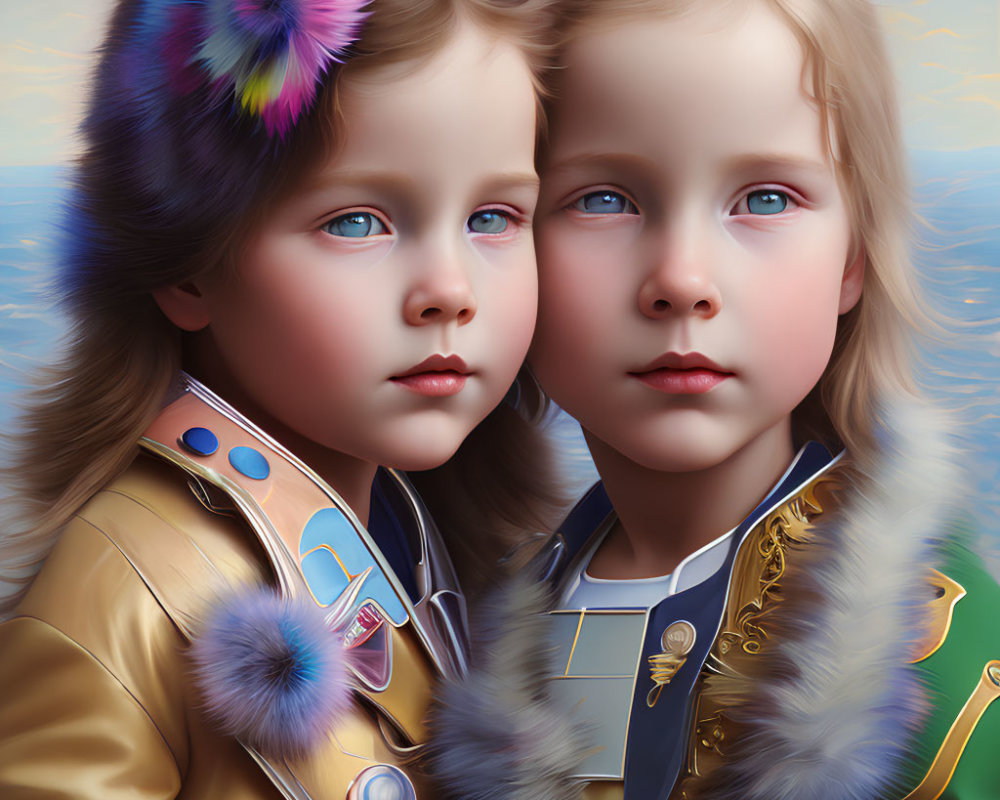Vintage-Style Uniformed Children with Striking Eyes and Painted Aesthetic