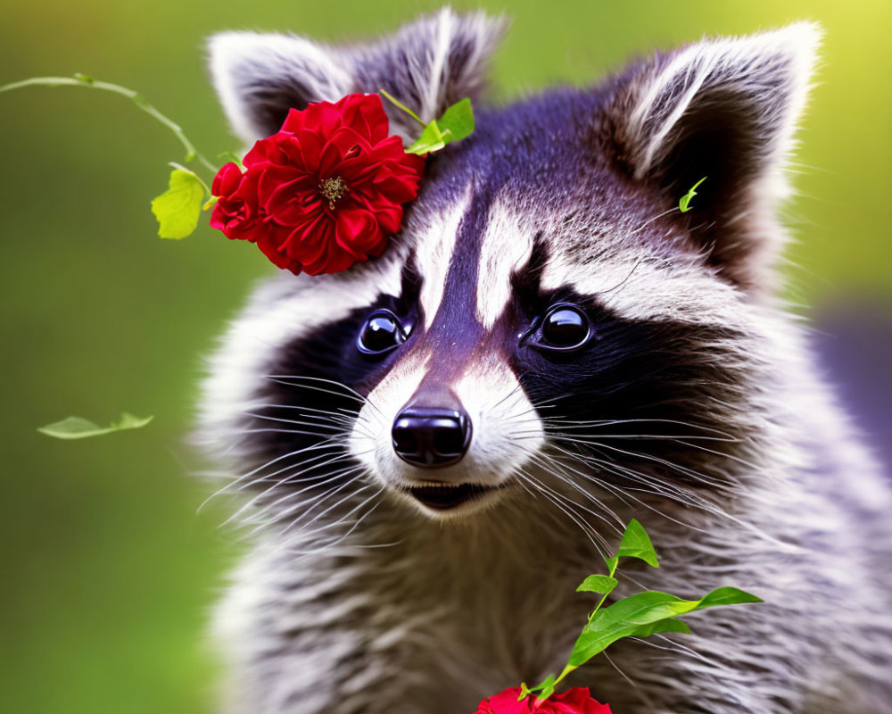 Raccoon with Vibrant Red Flowers on Head in Soft-focus Green Background