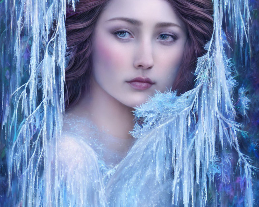 Digital artwork: Woman with icy-blue tones, red hair, crystal environment.