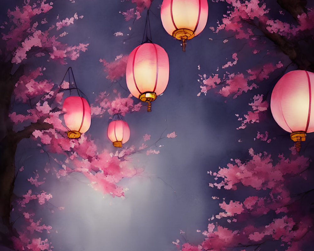Red lanterns among cherry blossoms illuminate serene path at night